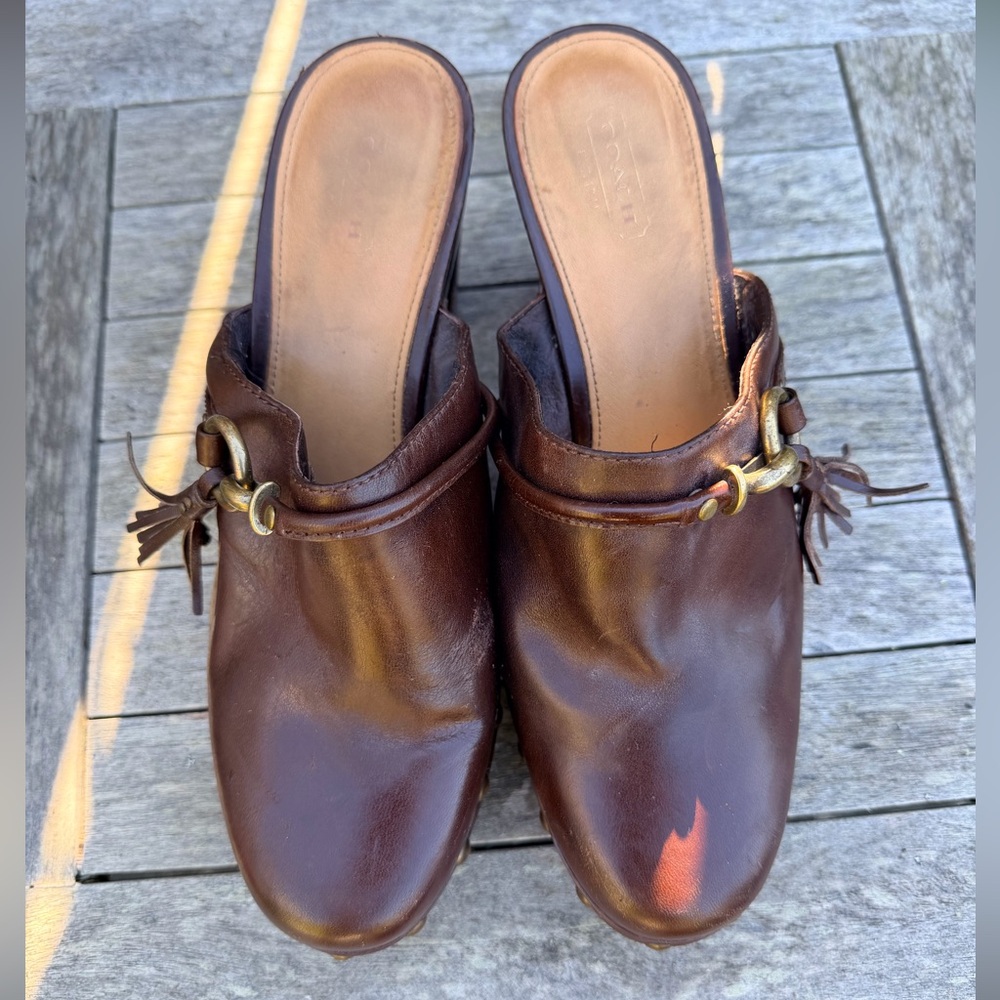 Coach Brown Leather Platform Mules with brass studs and accents. - Picture 15 of 15